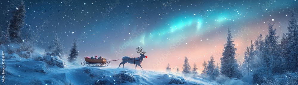 A serene winter landscape with a reindeer and sled under a vibrant aurora borealis illuminating the night sky.
