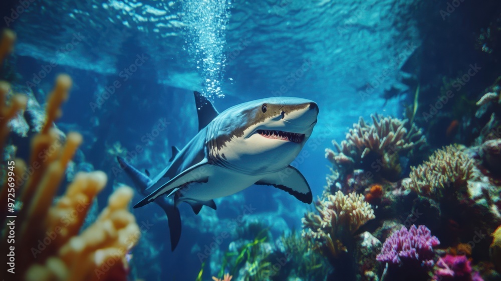 Fototapeta premium Shark glide gracefully over lush coral gardens, their presence adding life to the coral’s vibrant colors and intricate patterns.