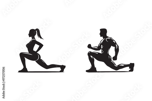 a man and a woman doing yoga exercises.
Lunge silhouette black logo white background set.