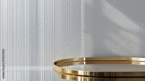 The polished gold surface of a minimalistic tray table shines brightly, set in front of a transparent vertical reeded glass panel. A light gray wall adds depth and neutrality, allowing the product's