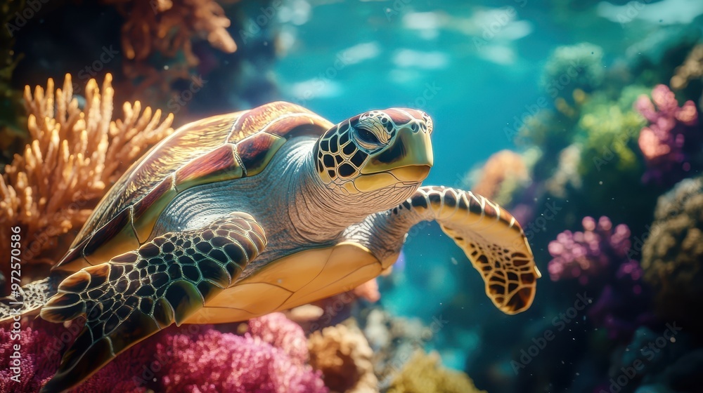 Fototapeta premium Turtle swim in underwater world and coral colors, creating a royal display of nature’s finest artistry in the marine world.