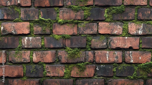 Close up of an old brick wall with moss growing on it.