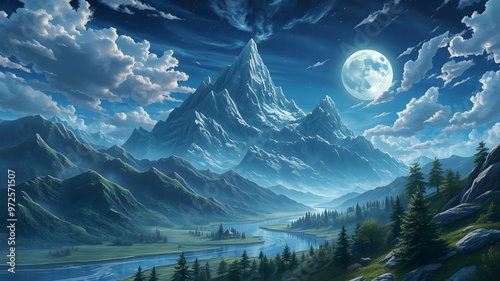 Epic Fantasy Mountain Landscape with Full Moon, River, and Dreamlike Scenery in a Mystical Atmosphere