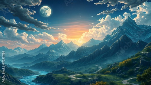 Epic Fantasy Mountain Landscape with Full Moon, River, and Dreamlike Scenery in a Mystical Atmosphere