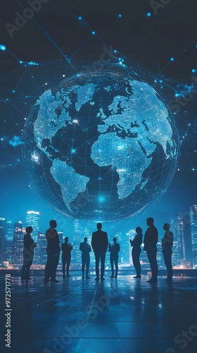A digital globe with global business icons and figures, representing the international reach of corporate law services.