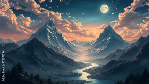 Epic Fantasy Mountain Landscape with Full Moon, River, and Dreamlike Scenery in a Mystical Atmosphere