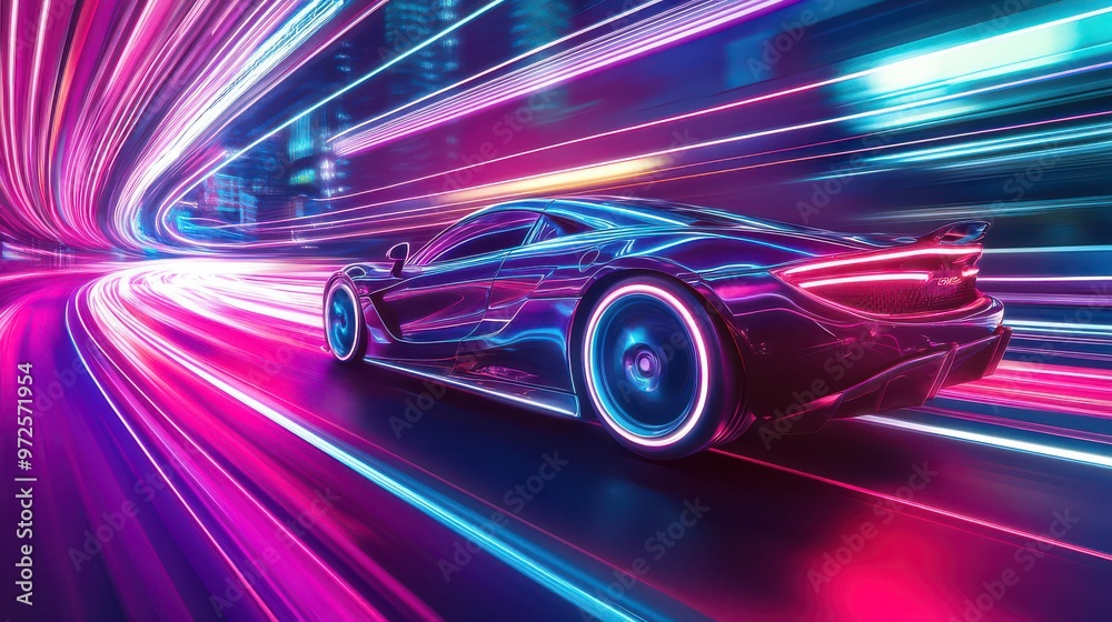 Racing through neon streets, the car leaves behind a glowing trail of light and motion Racing through neon streets, the car leaves behind a glowing trail of light and motion