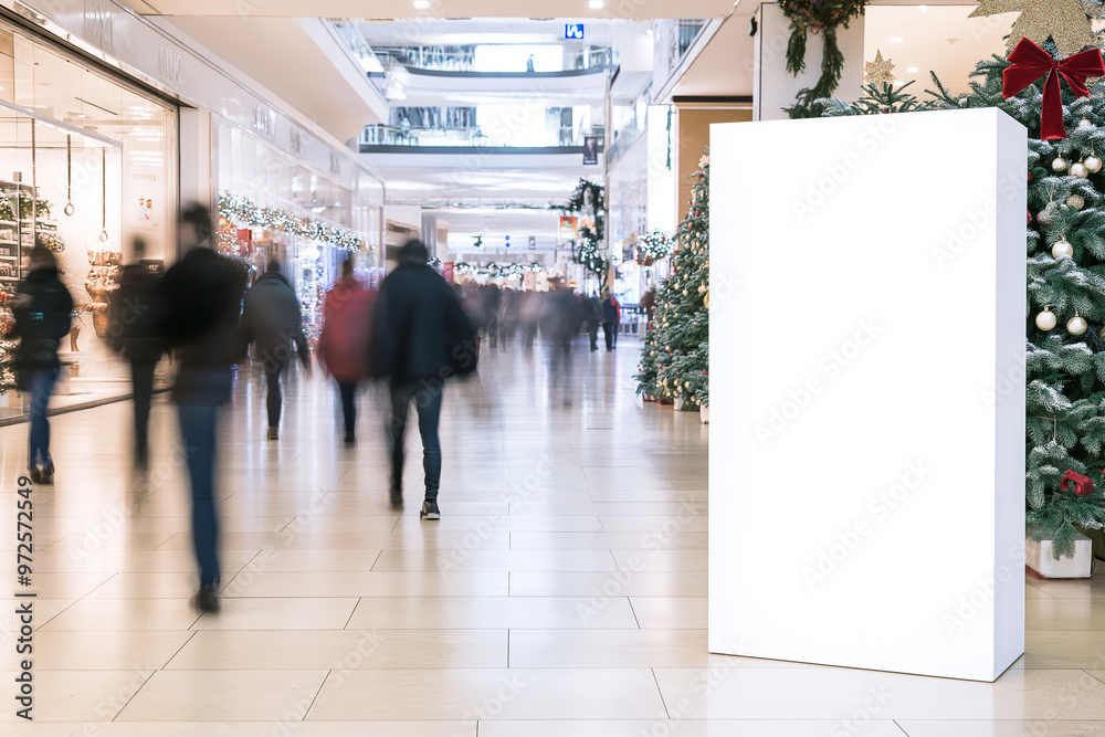 Fototapeta premium An empty poster mock-up for advertisement in a shopping center; a blank white billboard template surrounded by Christmas conifer decoration and garlands near the stairway down to a mall hall
