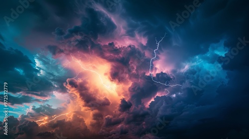 A vivid lightning strike electrifies the stormy sky, with the bolt creating a bright contrast against the dark, swirling clouds. Close-up photo with clean background