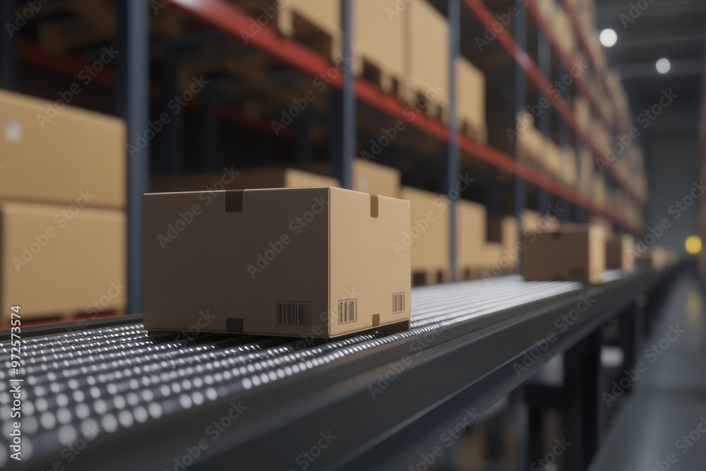 Cardboard boxes on a conveyor belt in a warehouse. Cardboard boxes on a conveyor belt in a warehouse.