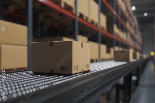 Cardboard boxes on a conveyor belt in a warehouse.