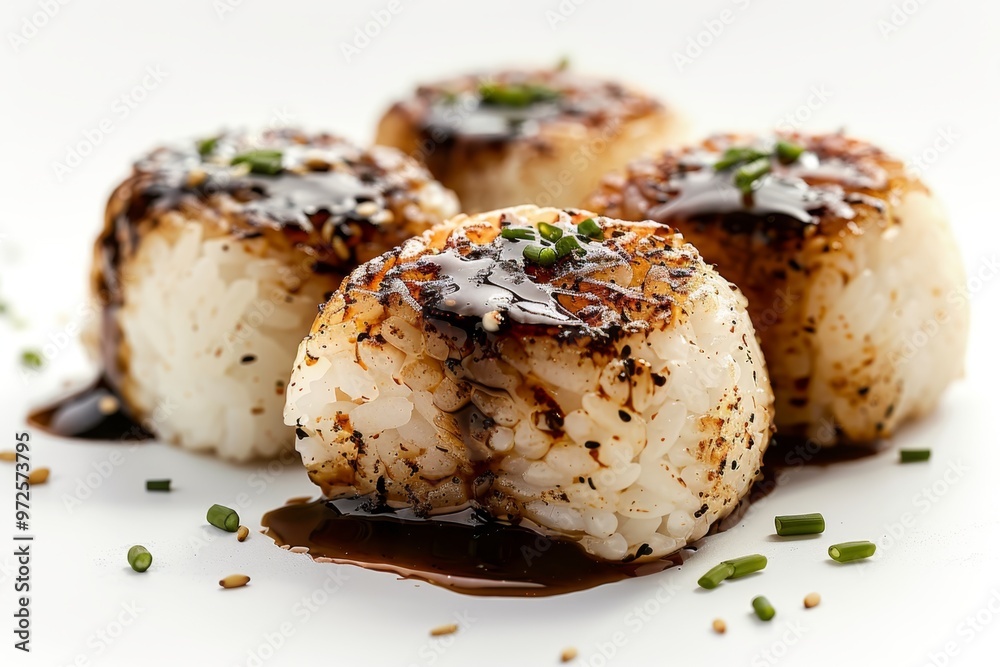 Japanese yaki onigiri (grilled rice balls) with soy sauce Japanese yaki onigiri (grilled rice balls) with soy sauce