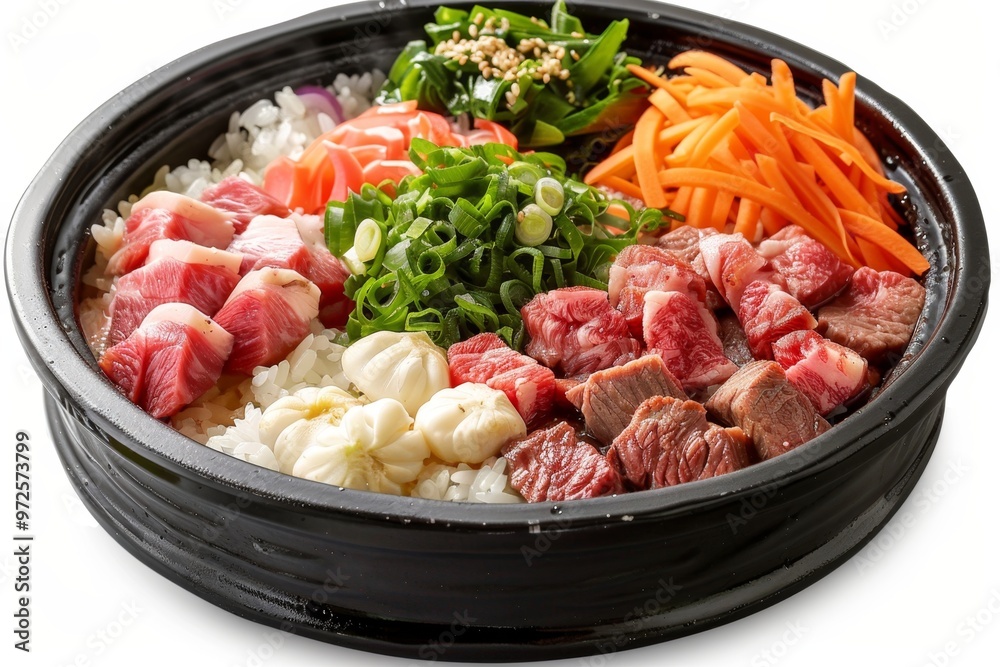 Japanese sukiyaki hot pot with beef and vegetables Japanese sukiyaki hot pot with beef and vegetables