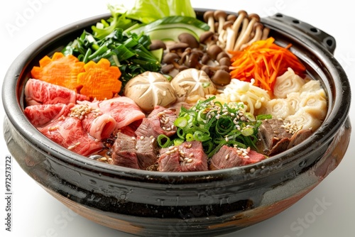 Japanese sukiyaki hot pot with beef and vegetables