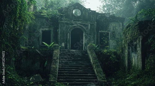 Overgrown Ruins in a Misty Forest