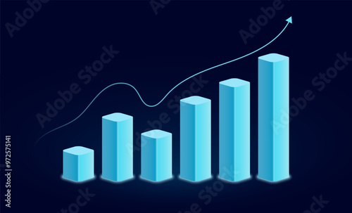 Abstract growth graph chart with up arrow on technology dark blue background. Stock market and success business concept. Vector illustration in digital futuristic light blue monochrome style.