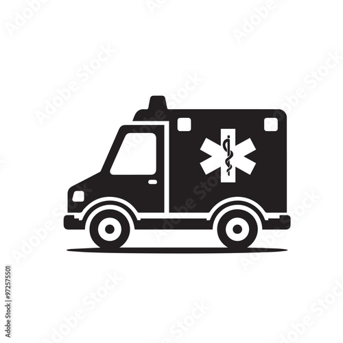 Vector design of ambulance. Ambulance black vector silhouette. Ambulance logo, icon.