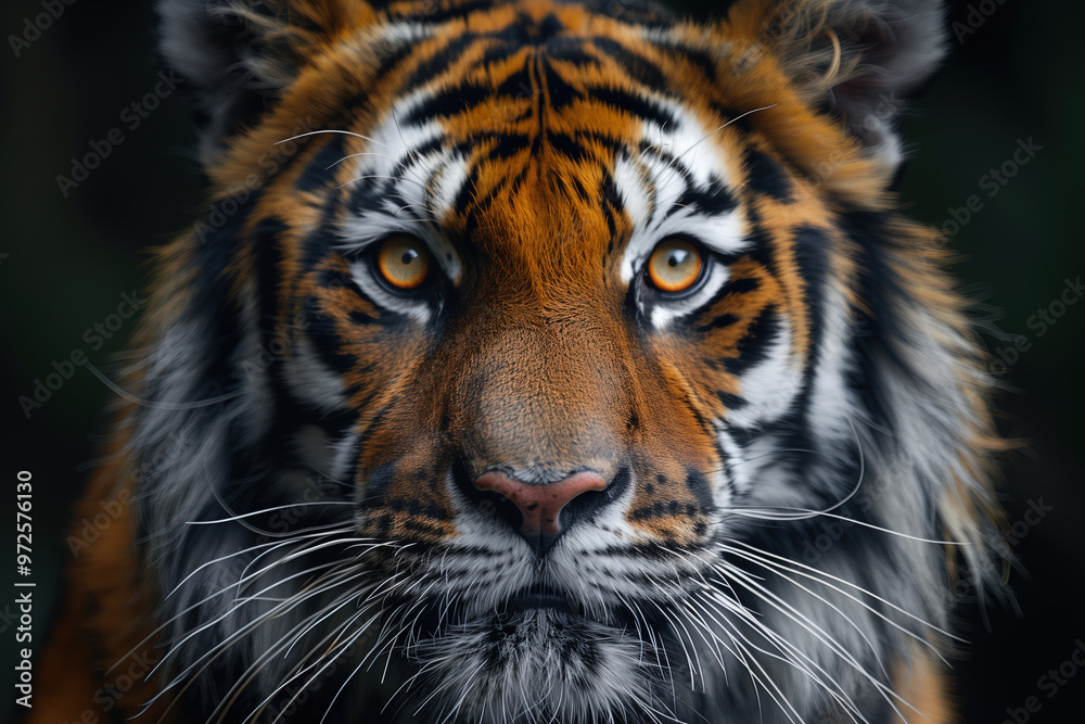 Tiger with piercing gaze, close up. Majestic predator exudes confidence and intensity. Rare endangered species highlights importance of wildlife conservation. Concept of biodiversity preservation Tiger with piercing gaze, close up. Majestic predator exudes confidence and intensity. Rare endangered species highlights importance of wildlife conservation. Concept of biodiversity preservation