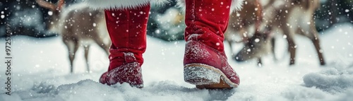 A close-up view of red boots walking through snow, with gentle snowfall and blurred deer in the background, creating a serene winter scene. photo