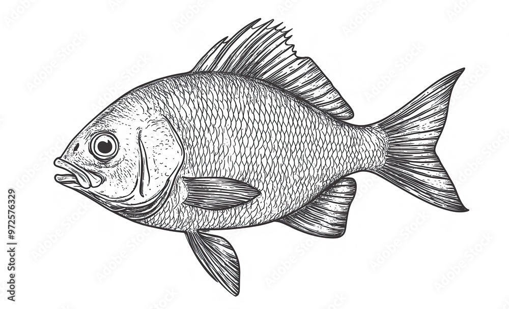 Obraz premium Fish sketch dorado gilt-head bream. Vintage retro print, black white gilt-head bream fish sketch ink pencil style drawing, linear drawing, engrave old school. Sketch artwork dorado fish. Illustration