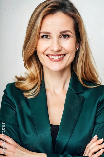 Smiling Young Woman in a Green Blazer with Arms Crossed, Displaying Confidence and Professionalism photo