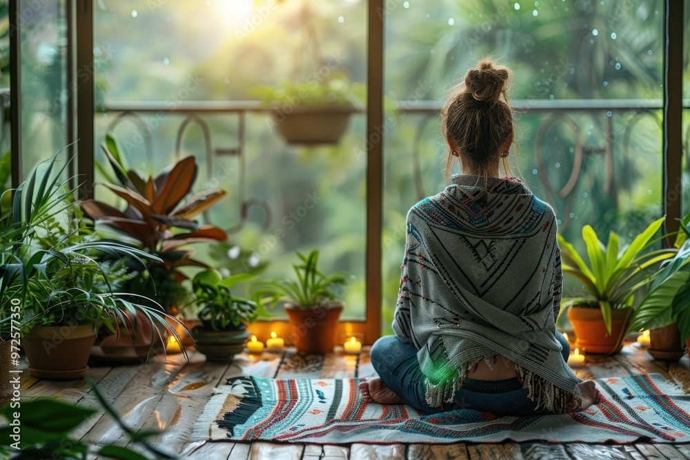 Meditative Woman Relaxing on Balcony with Rain and Sunlight Amidst Lush Green Plants and Candles Meditative Woman Relaxing on Balcony with Rain and Sunlight Amidst Lush Green Plants and Candles