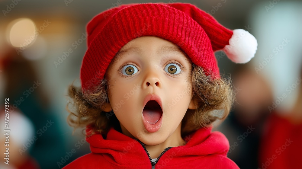 A young girl wearing a red hat and a red sweater with a big open mouth. The girl is looking at the camera with a surprised expression A young girl wearing a red hat and a red sweater with a big open mouth. The girl is looking at the camera with a surprised expression