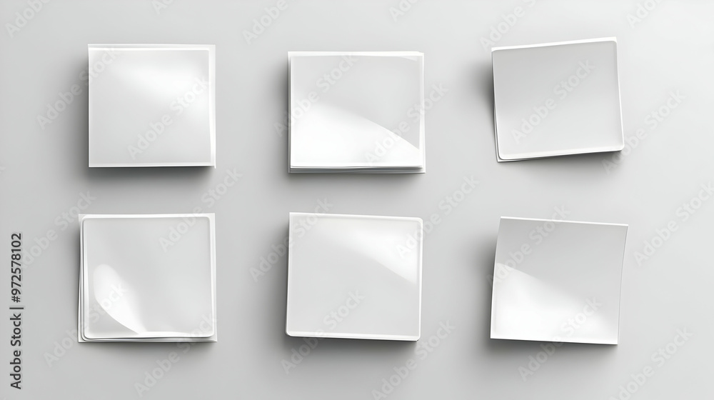 Six Blank White Square Stickers Mockup on Gray Background Six Blank White Square Stickers Mockup on Gray Background