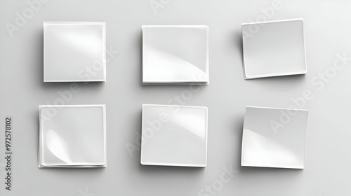 Six Blank White Square Stickers Mockup on Gray Background