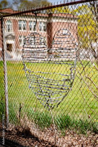 Weathered remnants of old heart design on a fence outside of a building