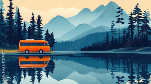 A camper van is parked by a lake in a beautiful mountainous landscape.  Perfect for travel, adventure and vacation projects.