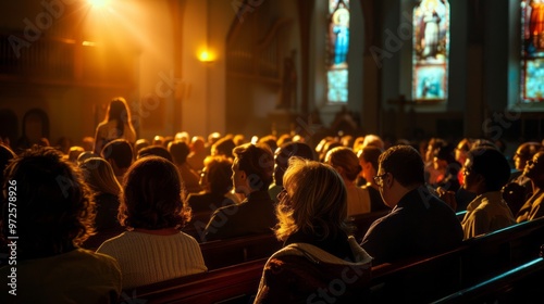 A large crowd of people are sitting in a church