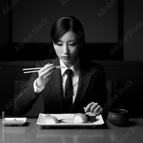 和食を食べる女性　モノクロ