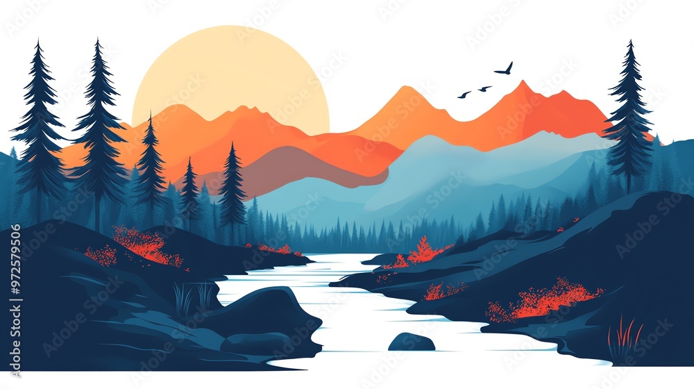 Fototapeta Stunning illustration of a mountain range with a winding river flowing through the foreground.