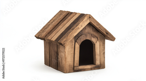 wooden house isolated on white, dog house on white background, wooden little house, decoration element, 3d render