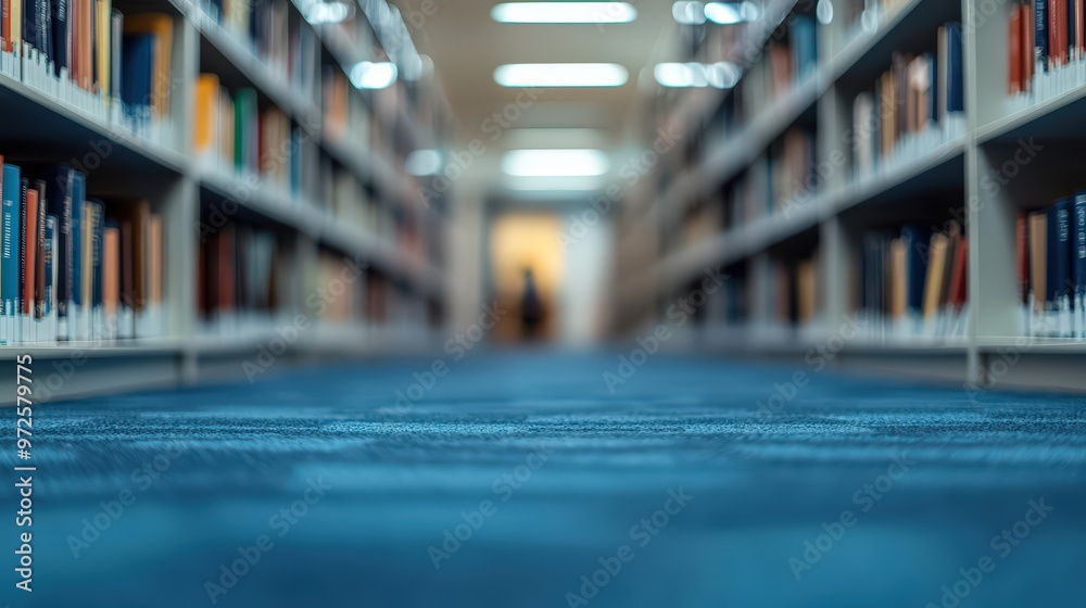 Fototapeta premium A calm library aisle bordered by wooden bookshelves. Rows of neatly arranged books fill the shelves, fostering a quiet and studious ambiance