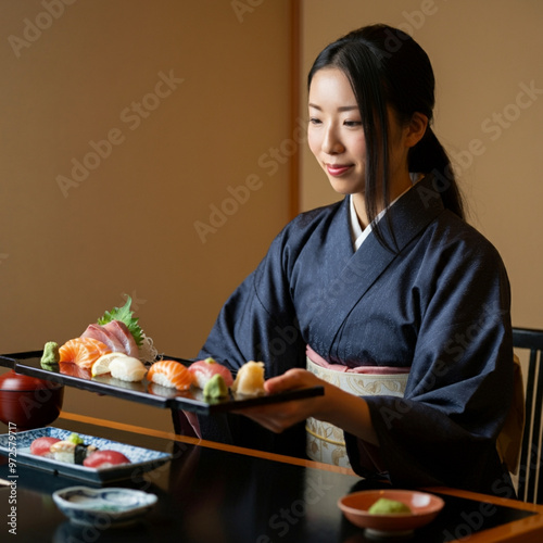 日本の寿司を振る舞う女性