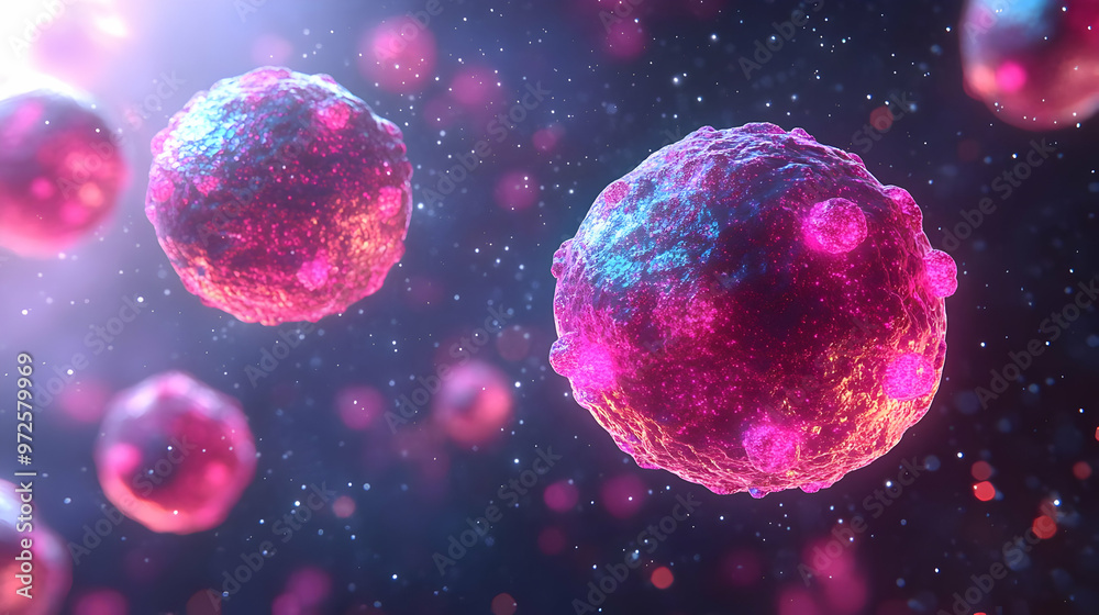 Microscopic View: Cells Floating in Abstract Colorful Space