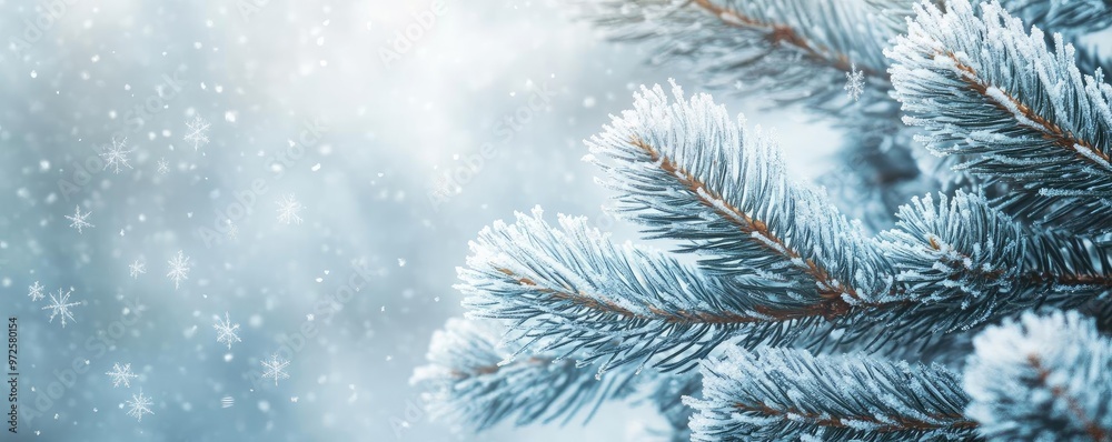 Frosted pine branch with snowflakes and a soft winter backdrop, creating a serene, wintery atmosphere for holiday themes. Frosted pine branch with snowflakes and a soft winter backdrop, creating a serene, wintery atmosphere for holiday themes.