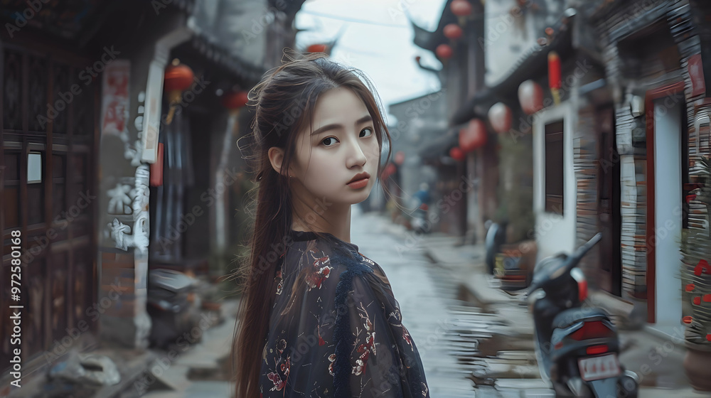 Young Chinese Model Quaint Village Street Young Chinese Model Quaint Village Street
