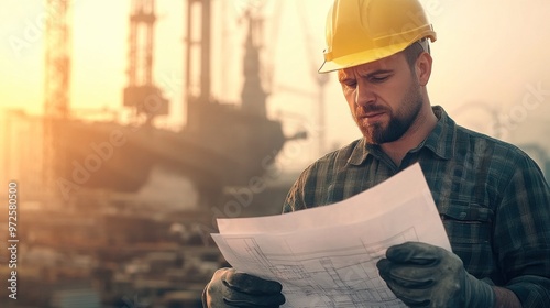 Blueprints and Dawn: An Engineer's Morning Focus in the Shipyard photo