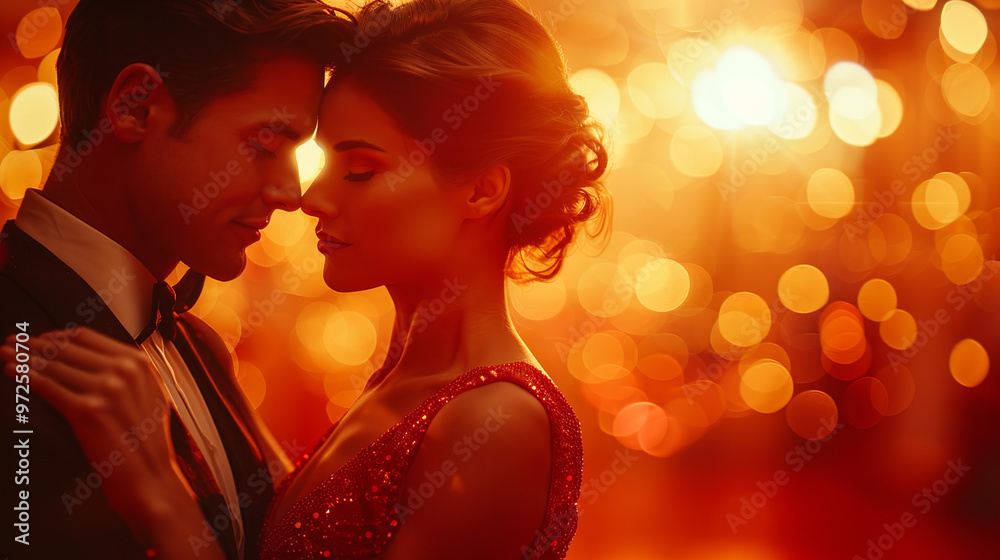 Sophisticated couple is embracing at a glamorous event, their love illuminated by the warm, red glow of the venue Sophisticated couple is embracing at a glamorous event, their love illuminated by the warm, red glow of the venue