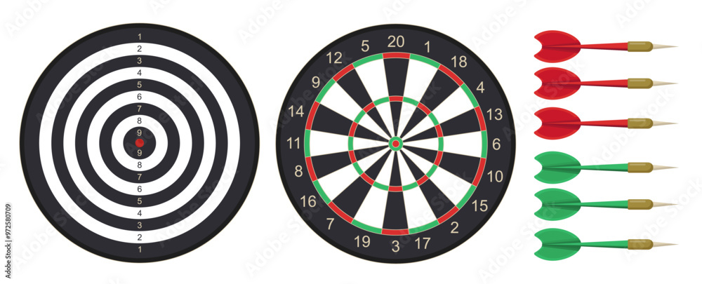 Dart board set. Red and green darts pack. Set for sports game, accuracy competition, tournament. Achievement and success, challenge. Flat vector collection isolated on white background Dart board set. Red and green darts pack. Set for sports game, accuracy competition, tournament. Achievement and success, challenge. Flat vector collection isolated on white background