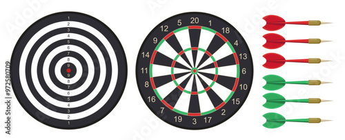 Dart board set. Red and green darts pack. Set for sports game, accuracy competition, tournament. Achievement and success, challenge. Flat vector collection isolated on white background