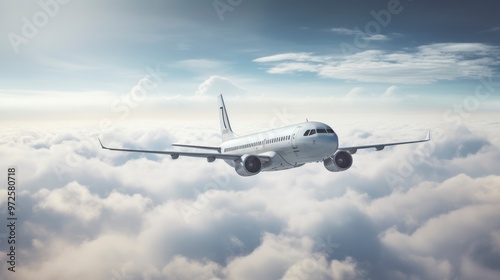 Commercial airplane flying above clouds in the blue sky.