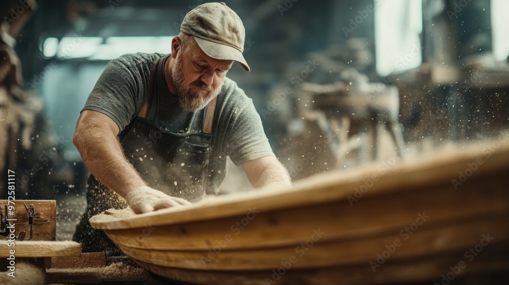 Masterful Craftsmanship: A Skilled Artisan Perfects the Finishing Touches of a Handcrafted Boat in a Rustic Workshop Masterful Craftsmanship: A Skilled Artisan Perfects the Finishing Touches of a Handcrafted Boat in a Rustic Workshop