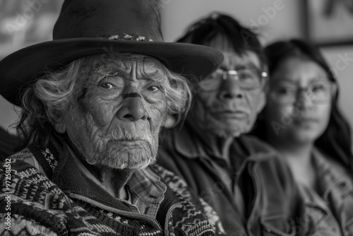 Elderly Trio Portrait in Black and White Capturing Wisdom and Generations photo