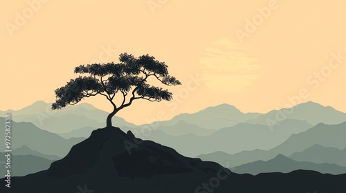 Silhouette of a lone tree on a mountaintop at sunrise.