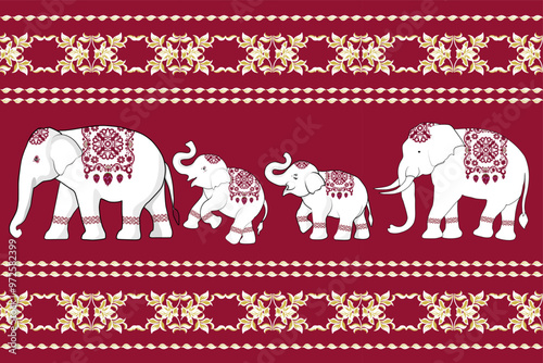 Thai pattern, elephants, seamless pattern, Navajo, traditional ethnic, fabric pattern for textiles, rugs, wallpaper, clothing, sarong, batik, wrapping, embroidery, print, background, cover, illustra