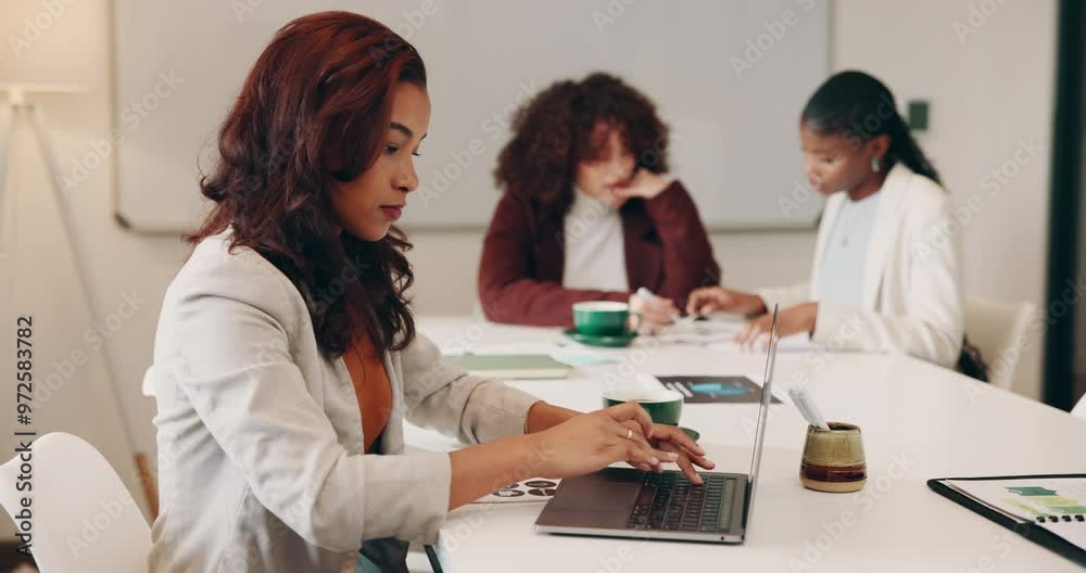 Coworking, laptop or woman in meeting for research, feedback or budget review for business. Typing, people or analyst with finance information or proposal for project capital or social development Coworking, laptop or woman in meeting for research, feedback or budget review for business. Typing, people or analyst with finance information or proposal for project capital or social development